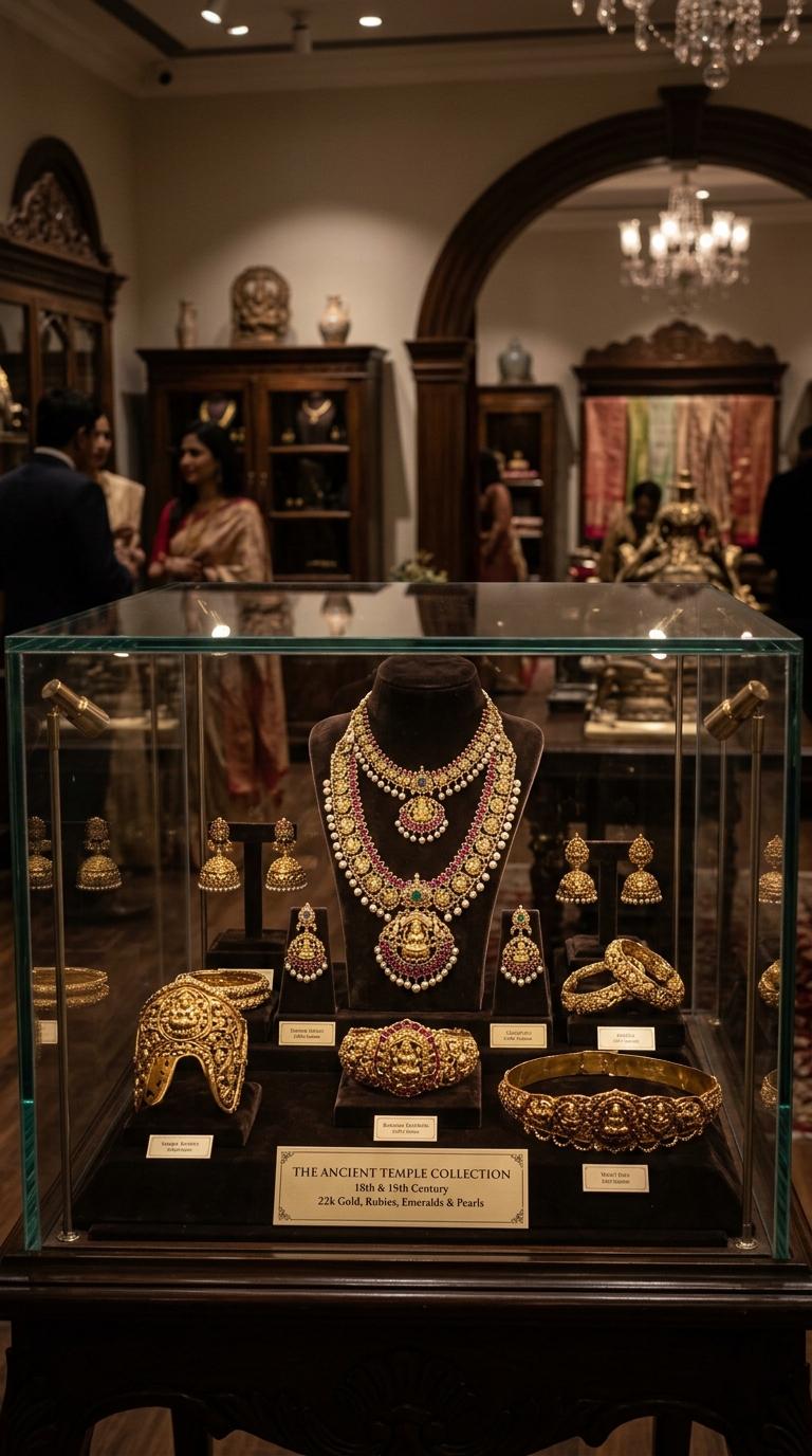CGV Jewellers ancient temple collection display — 22K gold with rubies emeralds and pearls