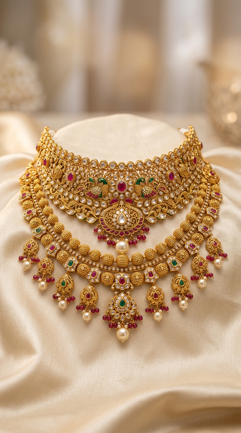 Handcrafted Indian 22K gold necklace with peacock motif on ivory silk — CGV Jewellers heritage collection