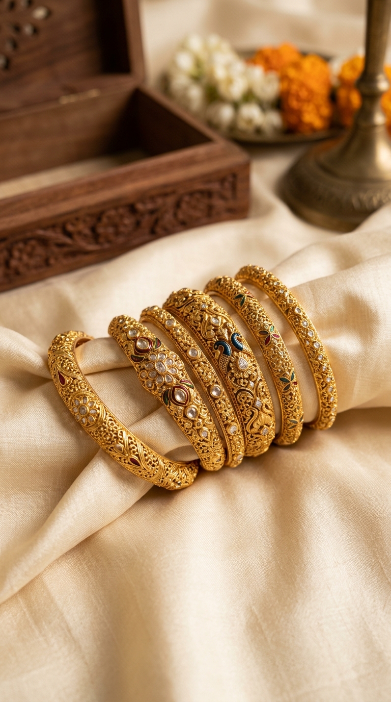 CGV Jewellers handcrafted 22K gold bangles on ivory silk with kundan work