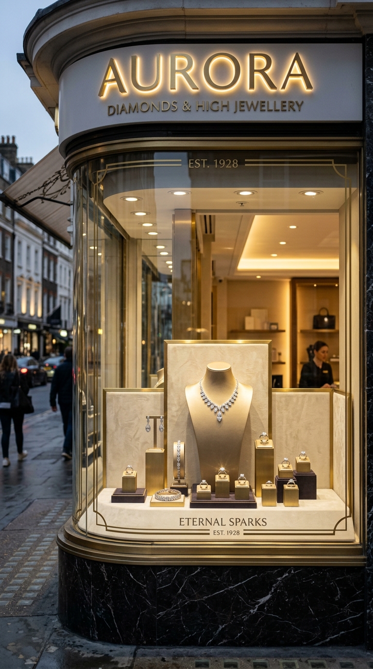 CGV Jewellers jewellery display window with diamond necklace and rings