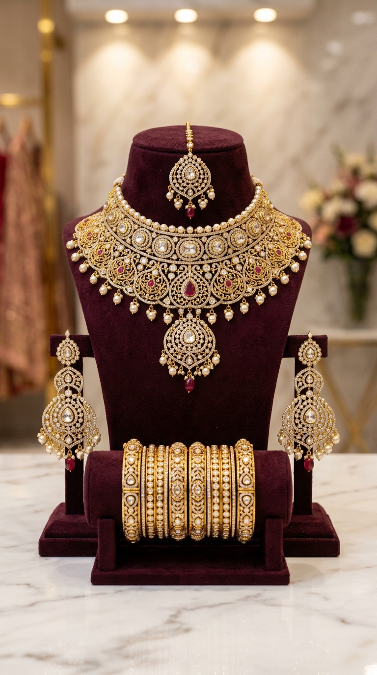 CGV Jewellers luxury bridal jewellery set with polki necklace, earrings and bangles