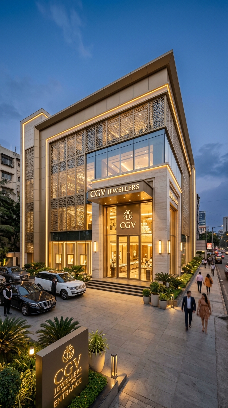CGV Jewellers luxury showroom exterior at dusk, warmly lit with gold accents
